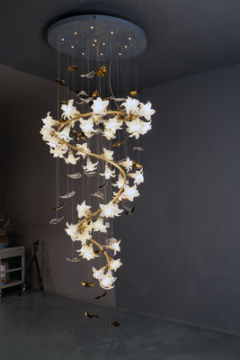 Glass Flower Pendant Chandelier Lights With Copper Ceramic Stair Hanging Lamp