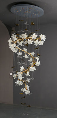 Glass Flower Pendant Chandelier Lights With Copper Ceramic Stair Hanging Lamp