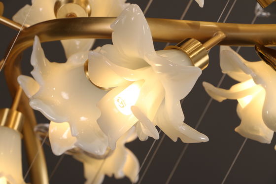 Glass Flower Pendant Chandelier Lights With Copper Ceramic Stair Hanging Lamp