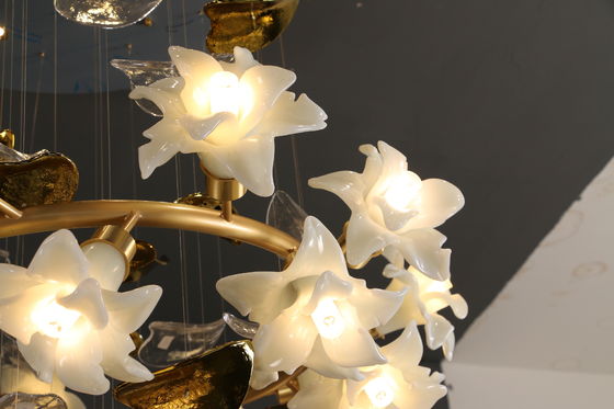Glass Flower Pendant Chandelier Lights With Copper Ceramic Stair Hanging Lamp