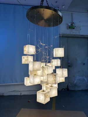 Customized Modern Luxury Square LED Brass Chandelier with Large Alabaster Pendant Adjustable Height for Living Room