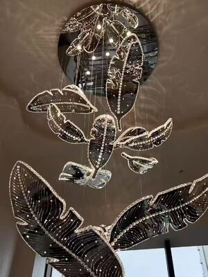 Luxury Crystal Feather Chandelier Modern Leaf Pendant Light for Staircase & Villa