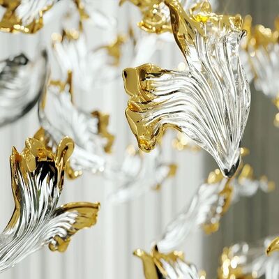 लंबी बड़ी रंगीन झूमर लॉबी शादी की सजावट सोने के पत्ते का ग्लास झूमर हिस्सा